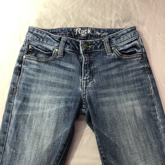 Rock 47 By Wrangler Jeans 28 x 30 Women Boot Cut Studded Pockets Low Rise Blue - Picture 4 of 14